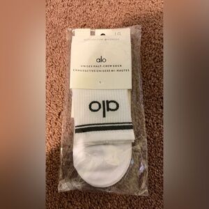 ALO Yoga White Half-Crew Athletic Socks with Black Logo & Stripes
